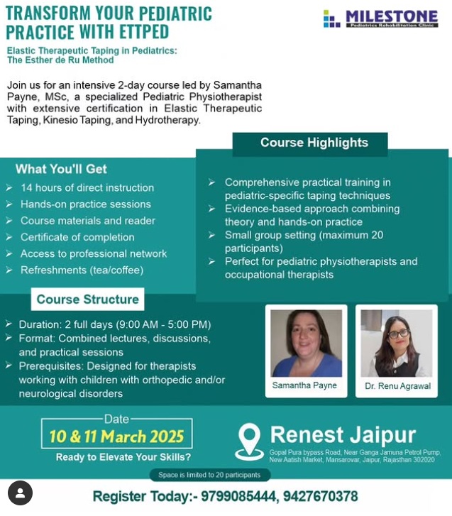 Flyer for 2025 Elastic Therapeutic Taping in Paediatrics course in Jaipur, India.